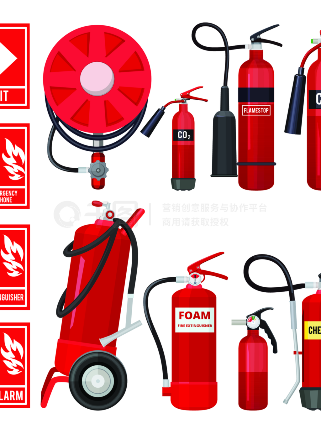 紅色滅火器用于火焰防護(hù)的消防員工具可用于各種滅火器類型的矢量插圖消防指示牌紅色滅火器各種滅火器的消防員消防工具矢量插圖